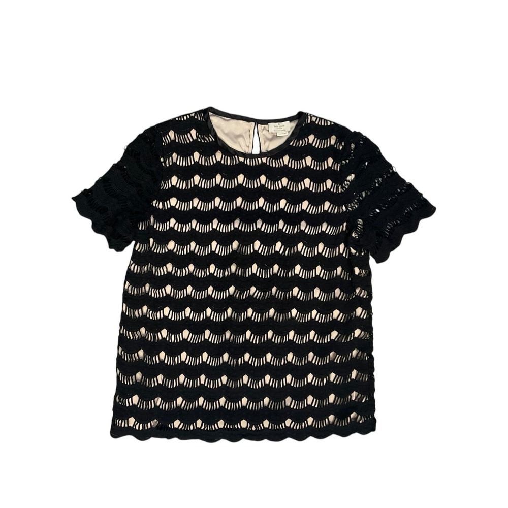 Kate Spade New York Womens Black Scalloped Crochet Lace Short Sleeve Top Lined